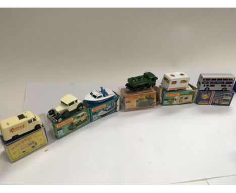 Matchbox boxed diecast including a Tv service van 62, Model A Ford 73, police launch 52, pannier Locomotive 47, Caravan 31 an