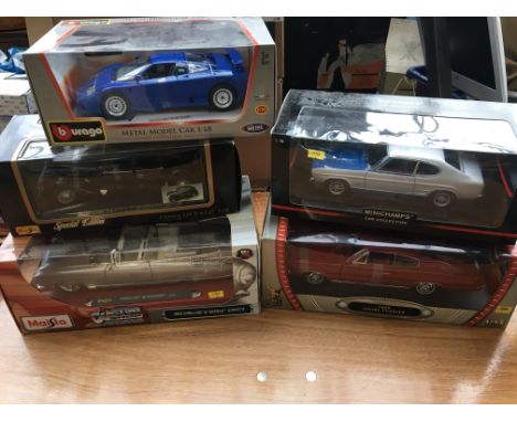 Maisto, Minichamps , Burago etc 1:18 scale diecast vehicles including A Ford Capri, Bugatti, Citroen etc