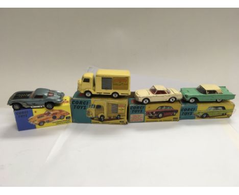 Corgi toys boxed diecast including a Corvette Stingray 376 repro box, Karrie bantam Lucozade van 411, Volkswagen 1500 Karmann