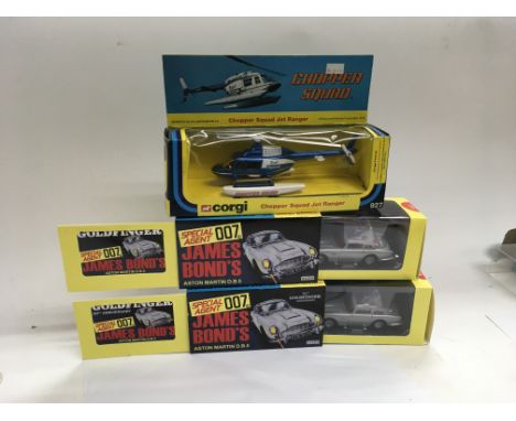 Corgi toys boxed diecast including James Bond 007 Aston Martin DB5 and a corgi Chopper squad jet ranger helicopter 927