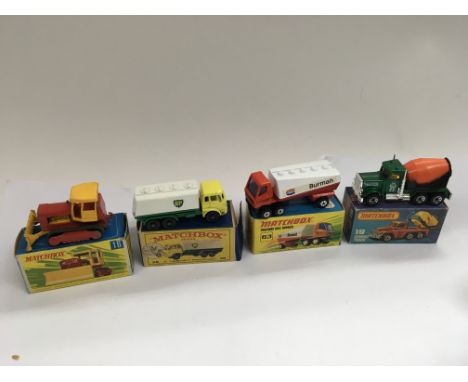 Matchbox boxed diecast including a Bulldozer 16, BP Tanker 25, Freeway gas tanker 63 and a Cement truck 19