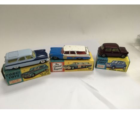 Corgi toys boxed diecast including a Ford Zephyr estate 424, Plymouth us mail 443 repro box, Morris mini minor 226 repro box