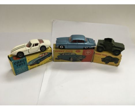 Corgi and Dinky toys boxed diecast including corgi Marcos 1800 GT 324, Dinky Mark X 142 and a Dinky Armoured Scout car 673