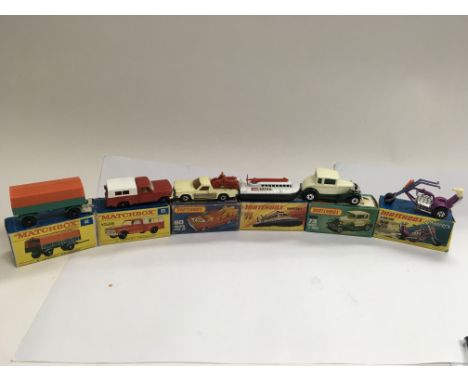 Matchbox boxed diecast including a Mercedes trailer 2, Ford pick up 6, Holden pick up 60, Hovercraft 72, Model A Ford 73 and 