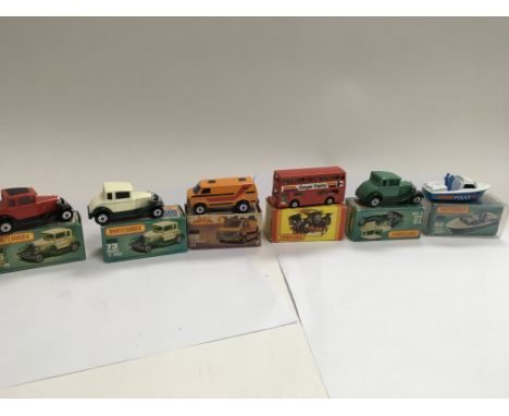 Matchbox boxed diecast including Model A Ford x3 73, Chevrolet van 68, Routemaster bus 17 and a police launch 52