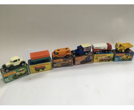 Matchbox boxed diecast including a Model A Ford 73, Mercedes trailer 2, Chevrolet van 68, Model van 38, Freeway gas tanker 63