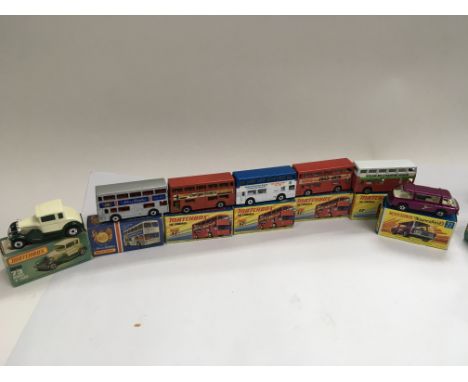 Matchbox boxed diecast including a Model A van 73, silver jubilee bus, Routemaster buses x4 17, Freeman inner city commuter 2