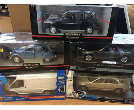 Minichamps, Maisto etc boxed 1:18 scale diecast vehicles including London taxi, Ford Thunderbird , Jaguar s-type etc