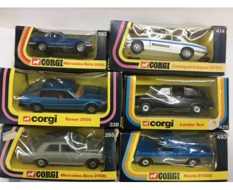 Corgi toys boxed diecast including Mercedes Benz 350 SL 393, Rover 3500 338, Mercedes 240D 285, Coastguard Jaguar XJ12C 414, 