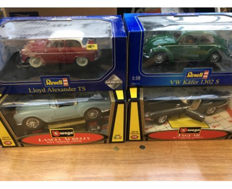 Revel and Burago 1:18 scale boxed diecast vehicles including a Lancia, Jaguar E , Lloyd Alexander and a VW Kafer