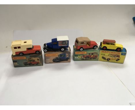 Matchbox boxed diecast including a Camper 38, Model A Van 38, CJ6 Jeep 53 and a field car 18