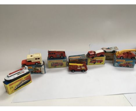 Matchbox boxed diecast including a Hovercraft 72, Camper 38, Fire engine 35, Blaze buster 22, Fire paper truck 29, Snorkel fi