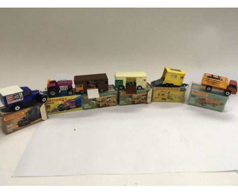 Matchbox boxed diecast including a Model Van 38, Mod tractor 25, Horsebox 40 x2, Pony trailer 43 and a Cattle truck 71