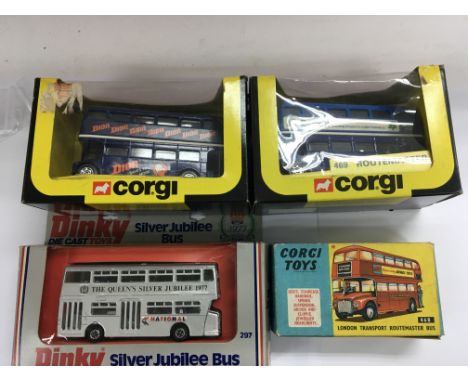 A collection of boxed Buses including a Dinky silver jubilee 297, Corgi Routemaster 468 and 2 Corgi window boxed Routemasters