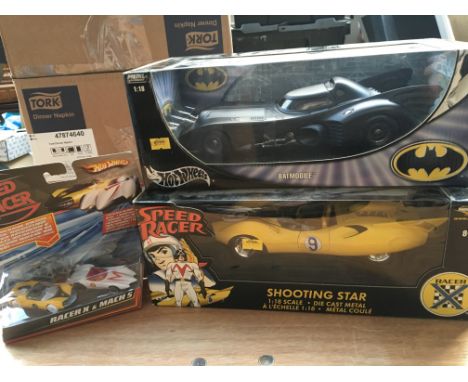 Hot wheels boxed 1:18 scale Batmobile also a 1:18 scale boxed diecast speed racer , Shooting star plus a carded hot wheels se