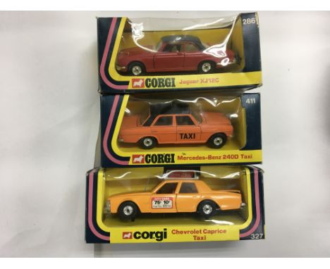 Corgi toys boxed diecast including a Jaguar XJ12C 286, Mercedes Benz 240D taxi 411, Chevrolet Caprice taxi 327