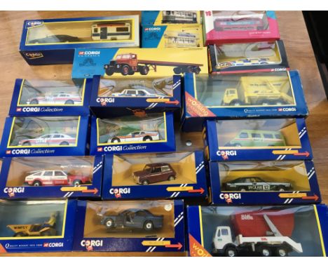 Corgi toys boxed diecast vehicles including police vehicles, Trams, Skip Lorries etc