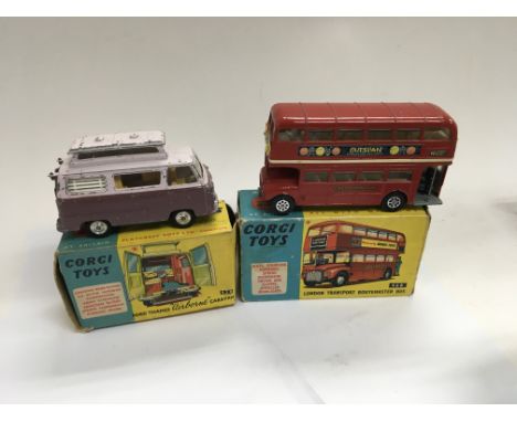 Corgi toys boxed diecast including Ford Thames Airborne Caravan 420 and a London transport routemaster bus 468