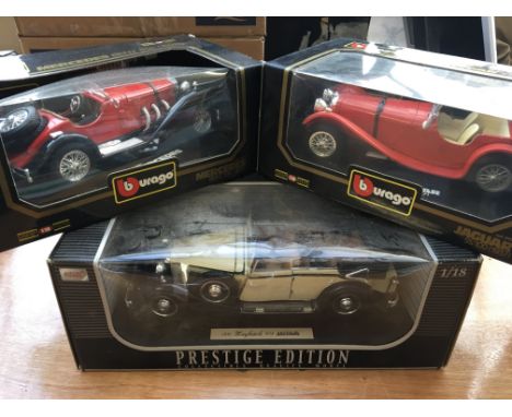 Burago and other 1:18 scale boxed diecast vehicles including Mercedes, Jaguar etc