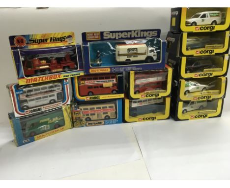 Corgi and Matchbox toys including corgi Ford Escorts x5 , corgi Routemaster buses x4 , Matchbox K19 security truck, a matchbo