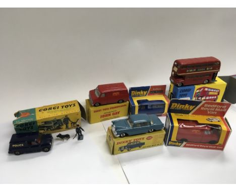 Corgi and Dinky toys boxed diecast including a corgi BMC Mini police van with figure and dog tatty box, Royal Mail Bedford Va