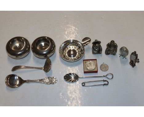 A box of silver plated ware to include sifter spoon, Royal Commemorative medallion, a wine taster, a Buddha ornament; a box i