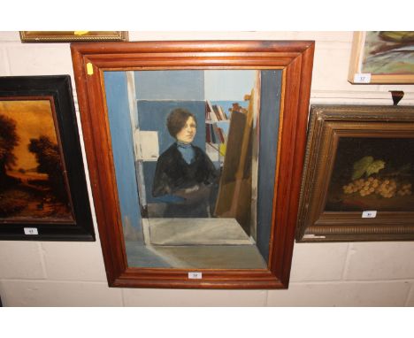 British school, self portrait of a female artist, oil on board, 60cm x 44cm