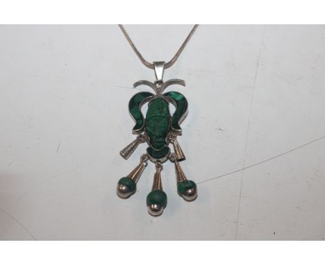 A Sterling silver and malachite Aztec head pendant necklace 