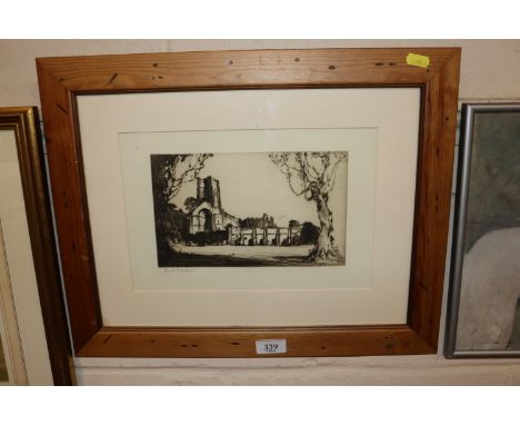 Frank H. Mason, pencil signed etching, "Abbey Ruins" in pine frame 