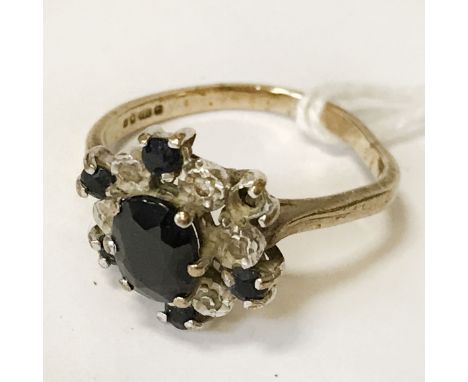 9CT GOLD DIAMOND &amp; CENTRE SAPPHIRE RING - RING NEEDS RESHAPING THEREFORE A/F - SIZE K