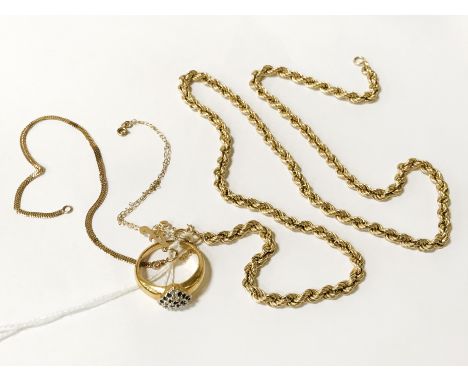 TWO 9CT GOLD BRACELETS WITH A 9CT GOLD RING &amp; 9CT GOLD ROPE NECKLACE - 22 INCHES - 14 GRAMS TOTAL