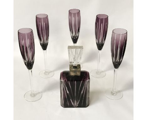 CRYSTAL DECANTER &amp; 5 CHAMPAGNE FLUTED - HM SILVER COLLAR - MAPPIN &amp; WEBB 28CM