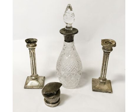 PAIR OF SILVER CANDLESTICKS A/F WITH SILVER TOPPED DECANTER (NO STOPPER) &amp; JERUSALEM 925 OWL