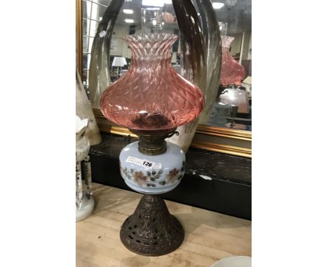 VICTORIAN OIL LAMP WITH CAST IRON BASE - RED SHADE &amp; CHIMNEY - 56 CMS