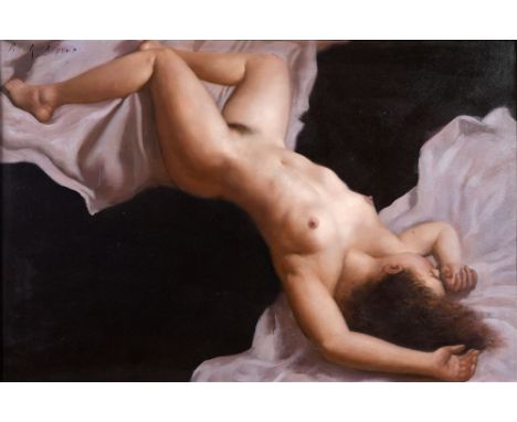 R. LE ROSSETT (FRENCH, 20TH CENTURY)  Reclining nude,  oil on board, signed and indistinctly dated upper left, 53cm x 79.5cm.