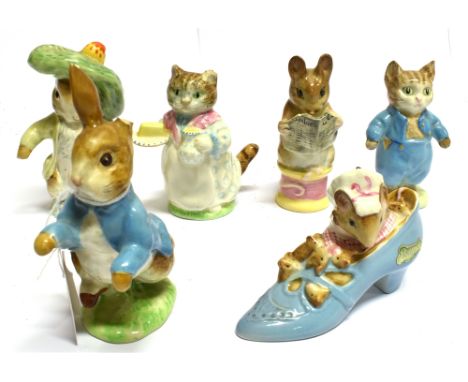 SIX BESWICK BEATRIX POTTER FIGURES:  'Tom Kitten', 'Benjamin Bunny', 'The Old Woman Who Lived in a Shoe', 'Peter Rabbit', 'Ta