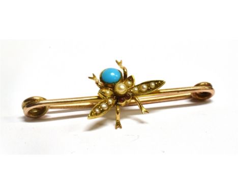 AN EDWARDIAN TURQUOISE AND SEED PEARL SET FLY BAR BROOCH/PIN assessed as 9 carat yellow gold unmarked, gross weight 2.4 grams