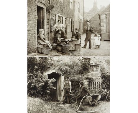 AFTER FRANK MEADOW SUTCLIFFE (1853-1941)  'Girls skaning mussels', Whitby,  monochrome print, 21.25cm x 31.5cm; together with