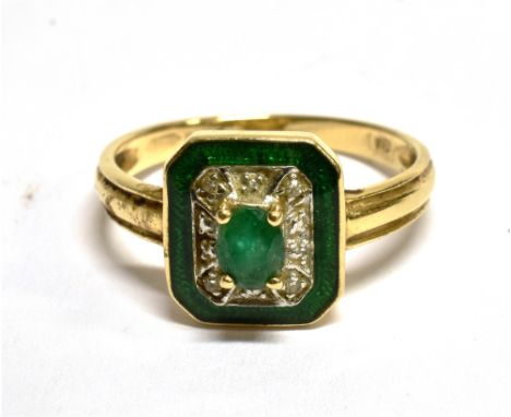 A 14 CARAT GOLD EMERALD AND SMALL DIAMOND SET RECTANGULAR CLUSTER RING  the cut corner head comprising small oval emerald to 