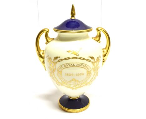 A LIMITED EDITION ROYAL WORCESTER PEDESTAL VASE AND COVER, transfer printed with a lifeboat rowing out to a ship in distress,