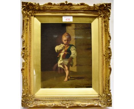 CONTINENTAL SCHOOL (19TH CENTURY)  Portrait of a fair-haired infant, standing before a wall,  oil on canvas (apparently laid 