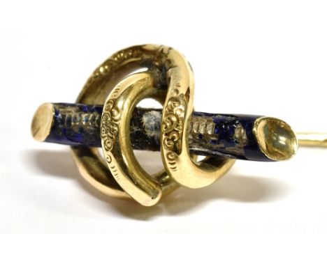A VICTORIAN YELLOW METAL STICK PIN  the top of coiled tubular design around a blue enamel straight section, unmarked Conditio