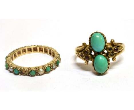 TWO TURQUOISE SET GOLD RINGS  comprising a two stone diagonal set with small rubies, hallmarked 9 carat gold, ring size N and