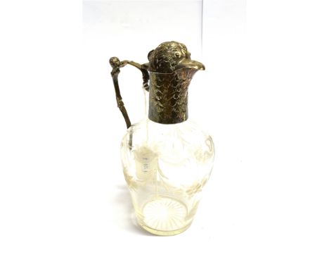 A SILVER BIRD HEAD TOPPED GLASS VINEGAR BOTTLE the silver hinged top of a stylised bird head with silver handle, the glass bo