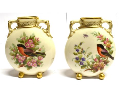 A PAIR OF ROYAL WORCESTER MOON SHAPED VASES  polchrome painted with blue tit robin and bullfinches, 13.5cm high, puce printed