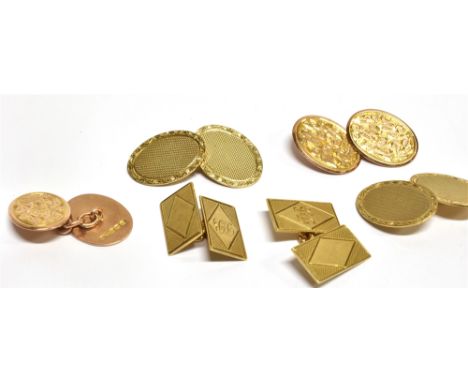 THREE PAIRS OF GENTS 9 CARAT GOLD CHAIN CUFFLINKS Comprising two oval pairs, one with leaf decoration, one with engine turned