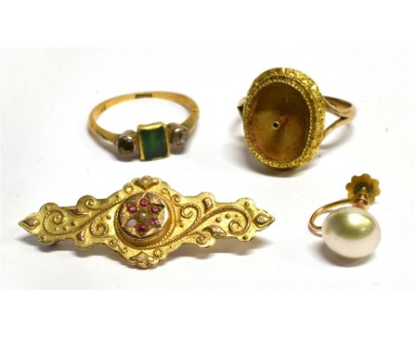 FOUR ITEMS OF GOLD JEWELLERY  Comprising a 9ct stamped ring and 9c marked etruscan brooch combined weight 6.2 grams, an 18ct 