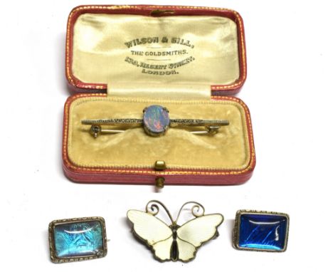 A NORWEGIAN SILVER WHITE ENAMELLED SMALL BUTTERFLY BROOCH 'DA' marked, together with two small rectangular silver butterfly w