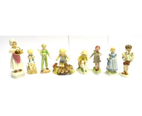 A GROUP OF ROYAL WORCESTER FIGURES:  3076 'Woodland Dance', 'Threes Company', 'Little Parakeet', 'Christopher', 'Thursday Boy