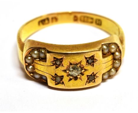 A VICTORIAN 15 CARAT GOLD DIAMOND AND SEED PEARL SET RING oval head gypsy style set with small diamonds and seed pearls each 